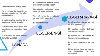 LA NADA
EL-SER-EN-SÍ
EL-SER-PARA-SÍ
En la conciencia no hay nada.
En el hombre la intención, es
siempre conciencia de algo,
diferente de él.
Si quitamos los objetos de la
conciencia queda la nada.
La Nausea ocurre cuando eres
consciente de no saber nada
de ti.
Si el hombre no tiene sentido,
el mundo tampoco.
El mundo esta lleno de cosas
que tienen definido su ser.
Los objetos, animales, seres
vivos ya están definidos.
Todo el mundo de los objetos
ya esta dado su sentido.
Es determinación Es el hombre mismo, ya que
no esta definido.
El hombre puede definirse
porque es proyecto.
El hombre es LIBERTAD. El
hombre no tiene esencia.
El hombre determina lo que
es.
El hombre se hace así mismo,
que dependen de sus
elecciones.
 