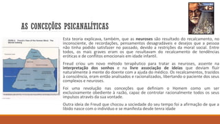 AS CONCEÇÕES PSICANALÍTICAS
Esta teoria explicava, também, que as neuroses são resultado do recalcamento, no
inconsciente, de recordações, pensamentos desagradáveis e desejos que a pessoa
não tinha podido satisfazer no passado, devido a restrições da moral social. Entre
todos, os mais graves eram os que resultavam do recalcamento de tendências
eróticas e de conflitos emocionais em idade infantil.
Freud criou um novo método terapêutico para tratar as neuroses, assente na
interpretação dos sonhos e na livre associação de ideias que deviam fluir
naturalmente à mente do doente com a ajuda do médico. Os recalcamentos, trazidos
à consciência, eram então analisados e racionalizados, libertando o paciente dos seus
complexos e neuroses.
Foi uma revolução nas conceções que definiam o Homem como um ser
exclusivamente obediente à razão, capaz de controlar racionalmente todos os seus
impulsos através da sua vontade.
Outra ideia de Freud que chocou a sociedade do seu tempo foi a afirmação de que a
libido nasce com o indivíduo e se manifesta desde tenra idade

 