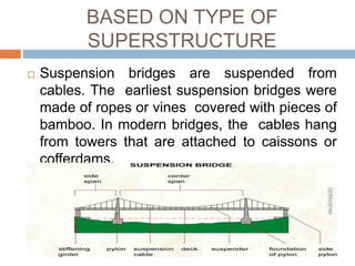 BASED ON TYPE OF
SUPERSTRUCTURE
 Suspension bridges are suspended from
cables. The earliest suspension bridges were
made of ropes or vines covered with pieces of
bamboo. In modern bridges, the cables hang
from towers that are attached to caissons or
cofferdams.
 