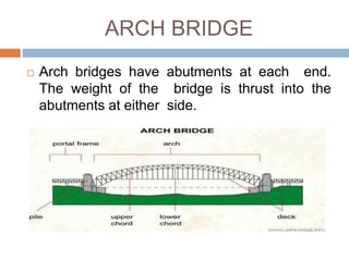 ARCH BRIDGE
 Arch bridges have abutments at each end.
The weight of the bridge is thrust into the
abutments at either side.
 