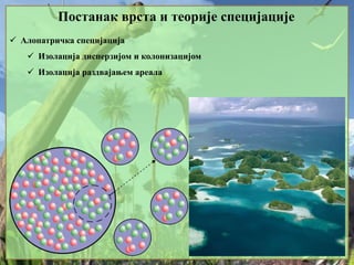 Постанак врста и теорије специјације
 Алопатричка специјација
 Изолација дисперзијом и колонизацијом
 Изолација раздвајањем ареала
 