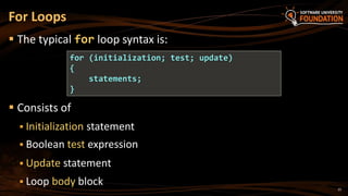  The typical for loop syntax is:
 Consists of
 Initialization statement
 Boolean test expression
 Update statement
 Loop body block
For Loops
for (initialization; test; update)
{
statements;
}
25
 