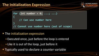  The initialization expression
 Executed once, just before the loop is entered
 Like it is out of the loop, just before it
 Typically used to declare a counter variable
The Initialization Expression
for (int number = 0; ...; ...)
{
// Can use number here
}
// Cannot use number here (out of scope)
26
 