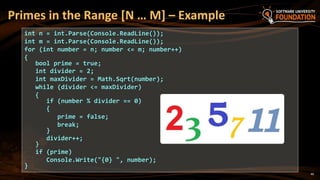 Primes in the Range [N … M] – Example
int n = int.Parse(Console.ReadLine());
int m = int.Parse(Console.ReadLine());
for (int number = n; number <= m; number++)
{
bool prime = true;
int divider = 2;
int maxDivider = Math.Sqrt(number);
while (divider <= maxDivider)
{
if (number % divider == 0)
{
prime = false;
break;
}
divider++;
}
if (prime)
Console.Write("{0} ", number);
}
46
 