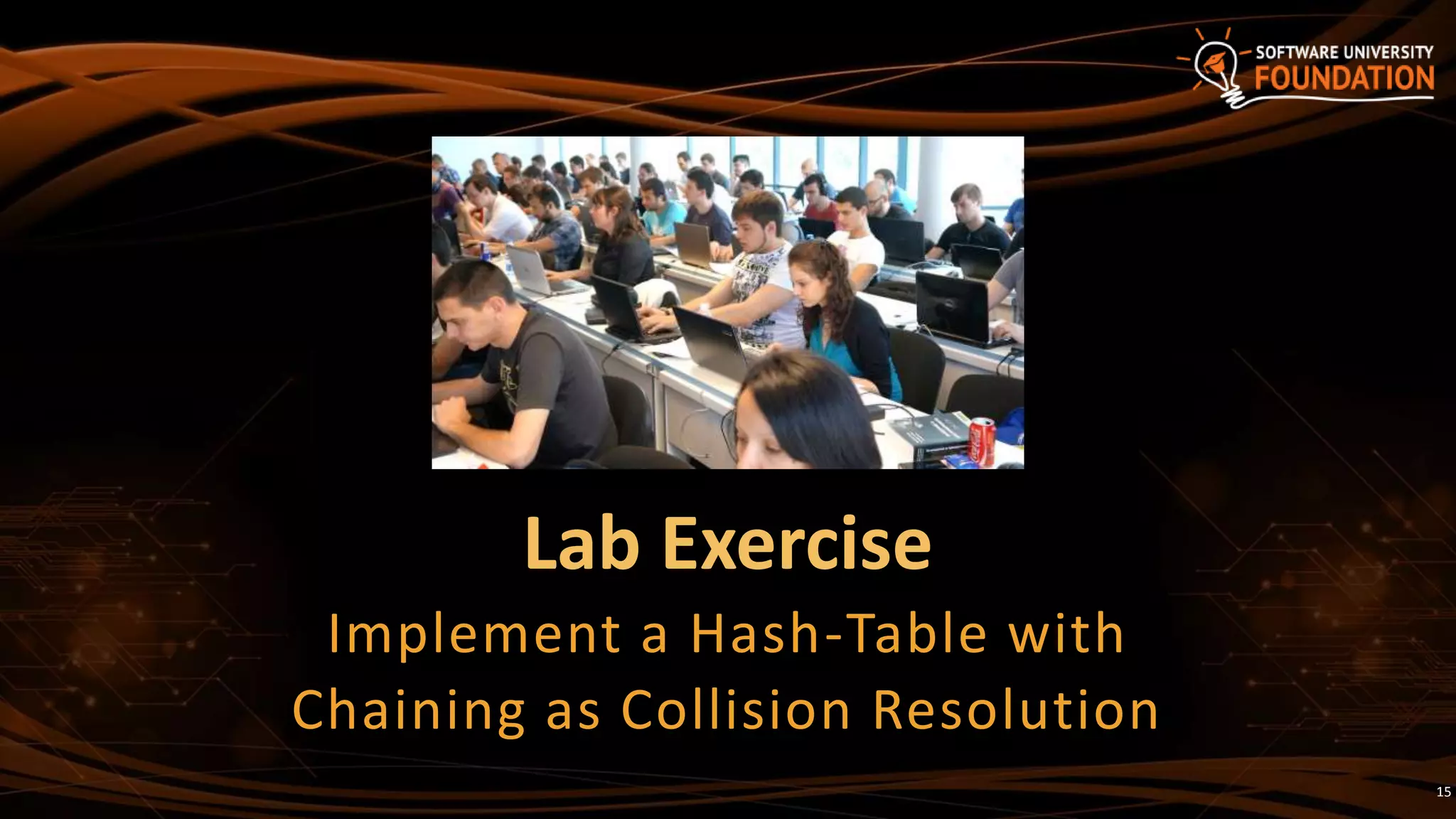 15
Lab Exercise
Implement a Hash-Table with
Chaining as Collision Resolution
 