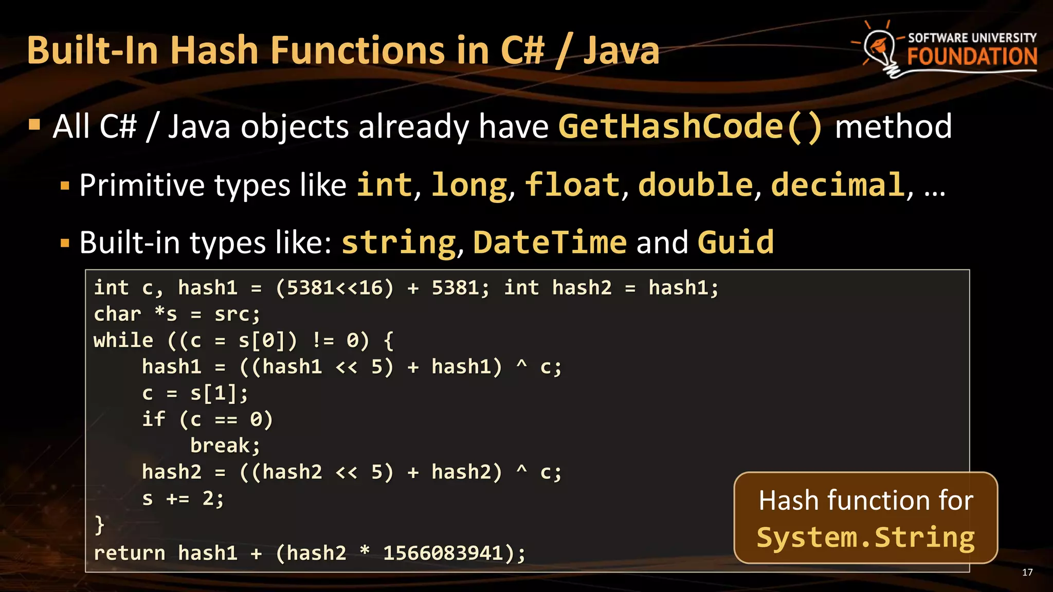 17
 All C# / Java objects already have GetHashCode() method
 Primitive types like int, long, float, double, decimal, …
 Built-in types like: string, DateTime and Guid
Built-In Hash Functions in C# / Java
int c, hash1 = (5381<<16) + 5381; int hash2 = hash1;
char *s = src;
while ((c = s[0]) != 0) {
hash1 = ((hash1 << 5) + hash1) ^ c;
c = s[1];
if (c == 0)
break;
hash2 = ((hash2 << 5) + hash2) ^ c;
s += 2;
}
return hash1 + (hash2 * 1566083941);
Hash function for
System.String
 