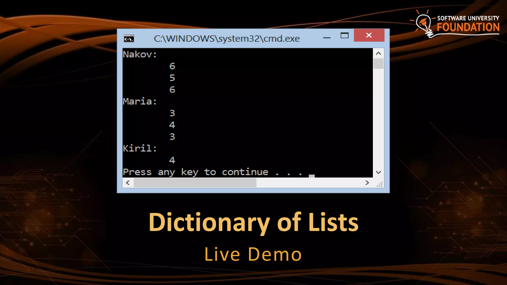 Dictionary of Lists
Live Demo
 