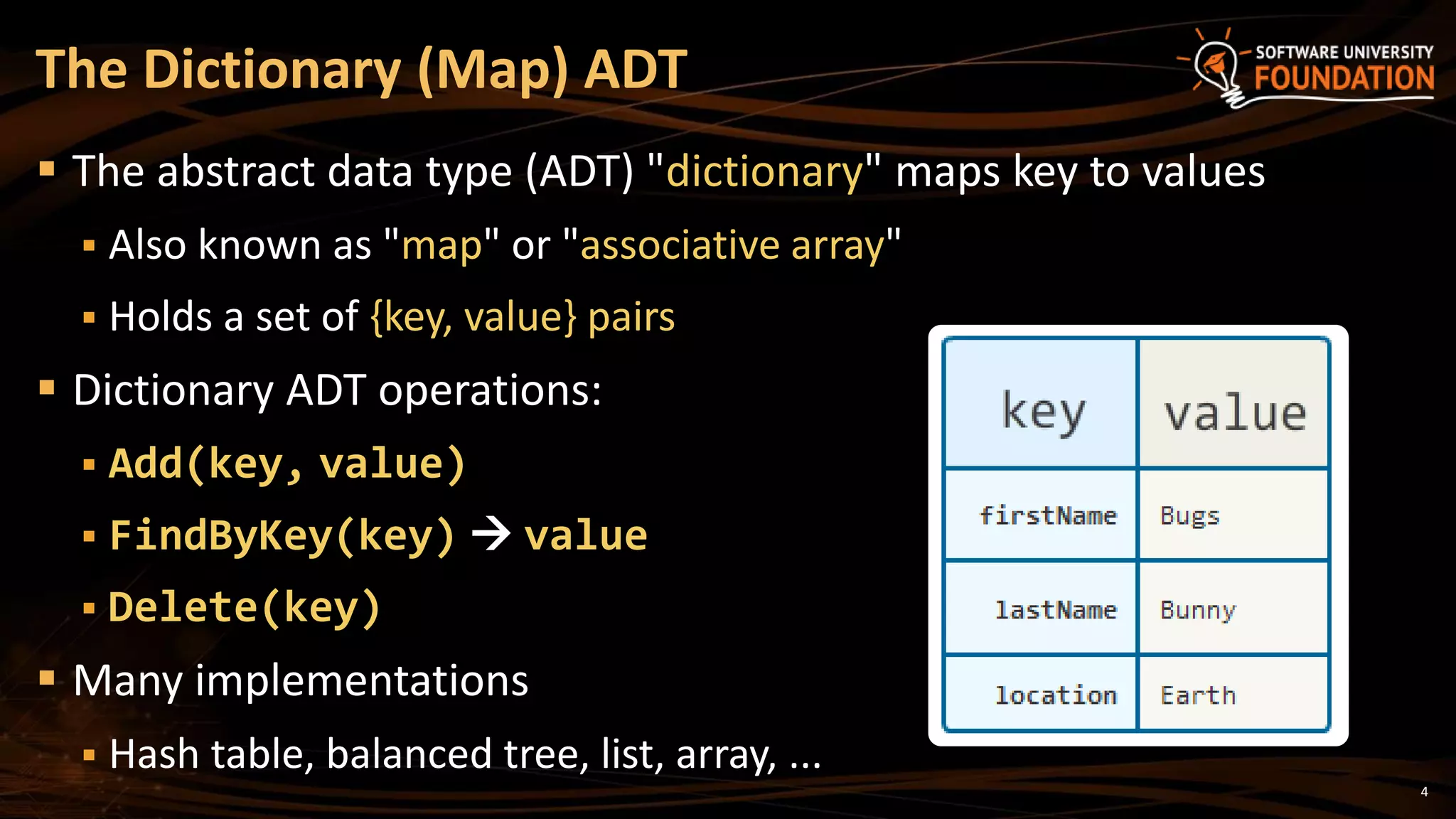 4
 The abstract data type (ADT) "dictionary" maps key to values
 Also known as "map" or "associative array"
 Holds a set of {key, value} pairs
 Dictionary ADT operations:
 Add(key, value)
 FindByKey(key)  value
 Delete(key)
 Many implementations
 Hash table, balanced tree, list, array, ...
The Dictionary (Map) ADT
 