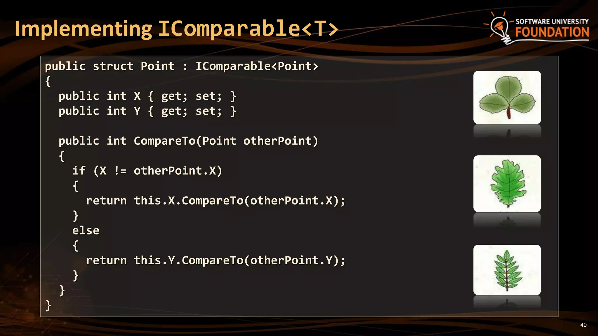 40
Implementing IComparable<T>
public struct Point : IComparable<Point>
{
public int X { get; set; }
public int Y { get; set; }
public int CompareTo(Point otherPoint)
{
if (X != otherPoint.X)
{
return this.X.CompareTo(otherPoint.X);
}
else
{
return this.Y.CompareTo(otherPoint.Y);
}
}
}
 