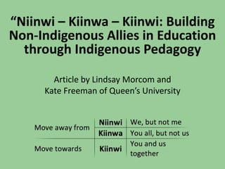“Niinwi – Kiinwa – Kiinwi: Building
Non-Indigenous Allies in Education
through Indigenous Pedagogy
Article by Lindsay Morcom and
Kate Freeman of Queen’s University
 