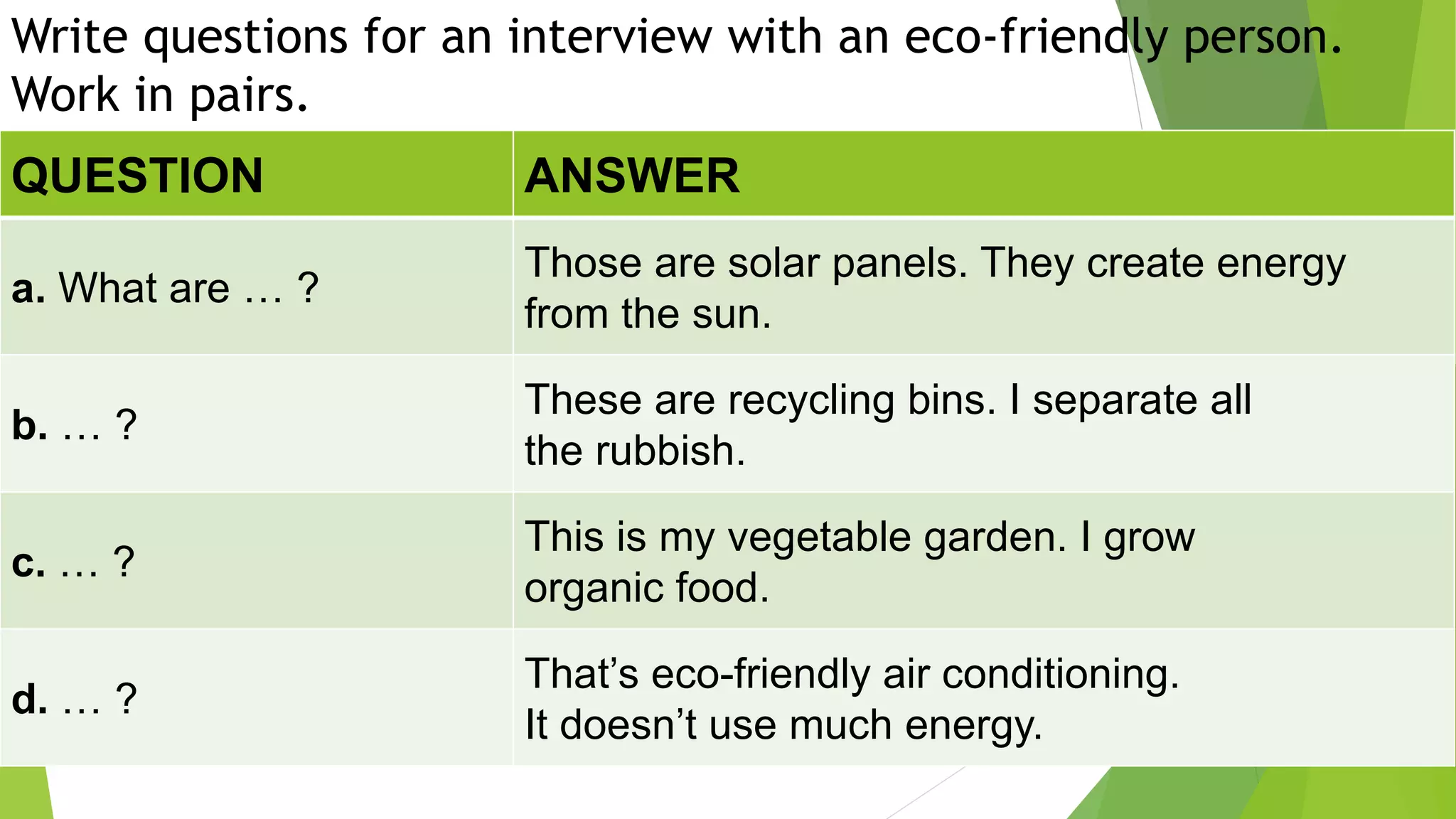 Write questions for an interview with an eco-friendly person.
Work in pairs.
QUESTION ANSWER
a. What are … ?
Those are solar panels. They create energy
from the sun.
b. … ?
These are recycling bins. I separate all
the rubbish.
c. … ?
This is my vegetable garden. I grow
organic food.
d. … ?
That’s eco-friendly air conditioning.
It doesn’t use much energy.