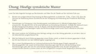 Übung: Häufige syntaktische Muster
Copyright: Dipl.-Hdl. Ilona Riesen | IloRi Translations 10
Lesen Sie bitte folgende Auszüge aus Rechtstexten und füllen Sie die Tabelle auf der nächsten Folie aus:
1. Berührt eine zivilgerichtliche Entscheidung die Meinungsfreiheit, so fordert Art. 5 Abs. 1 Satz 1 GG, dass die
Gerichte der Bedeutung dieses Grundrechts bei der Auslegung und Anwendung des Privatrechts Rechnung
tragen.
2. Anmeldungen zur Eintragung in das Handelsregister sind elektronisch in öffentlich beglaubigter Form
einzureichen. Die gleiche Form ist für eine Vollmacht zur Anmeldung erforderlich. Anstelle der Vollmacht kann
die Bescheinigung eines Notars nach § 21 Absatz 3 der Bundesnotarordnung eingereicht werden.
Rechtsnachfolger eines Beteiligten haben die Rechtsnachfolge soweit tunlich durch öffentliche Urkunden
nachzuweisen.
3. Wer einem anderen die Schließung eines Vertrags anträgt, ist an den Antrag gebunden, es sei denn, dass er
die Gebundenheit ausgeschlossen hat.
4. Wird die Vollmacht durch Erklärung gegenüber einem Dritten erteilt, so bleibt sie diesem gegenüber in Kraft,
bis ihm das Erlöschen von dem Vollmachtgeber angezeigt wird.
5. Wer in einem Handelsgewerbe zur Leistung kaufmännischer Dienste gegen Entgelt angestellt ist
(Handlungsgehilfe), hat, soweit nicht besondere Vereinbarungen über die Art und den Umfang seiner
Dienstleistungen oder über die ihm zukommende Vergütung getroffen sind, die dem Ortsgebrauch
entsprechenden Dienste zu leisten sowie die dem Ortsgebrauch entsprechende Vergütung zu beanspruchen.
 
