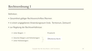 Rechtsordnung I
Definition:
▪ Gesamtheit gültiger Rechtsvorschriften/Normen
▪ in einem angegebenen Anwendungsraum (insb. Territorium, Zeitraum)
▪ zur Regelung der Rechtsverhältnisse:
▪ Unter Bürgern > Privatrecht
▪ Zwischen Bürgern und Hoheitsträgern
▪ Unter Hoheitsträgern
Copyright: Dipl.-Hdl. Ilona Riesen | IloRi Translations 18
Öffentliches Recht
 