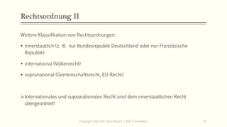 Rechtsordnung II
Weitere Klassifikation von Rechtsordnungen:
▪ innerstaatlich (z. B. nur Bundesrepublik Deutschland oder nur Französische
Republik)
▪ international (Völkerrecht)
▪ supranational (Gemeinschaftsrecht, EU-Recht)
➢Internationales und supranationales Recht sind dem innerstaatlichen Recht
übergeordnet!
Copyright: Dipl.-Hdl. Ilona Riesen | IloRi Translations 19
 
