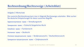 Rechtsordnung/Rechtszweige (Arbeitsblatt)
Aufgabe 2: Wortschatz
Die russische Rechtsordnung kann man in folgende Rechtszweige unterteilen. Bitte suchen
Sie deutsche Entsprechungen für diese russischen Begriffe:
Административное право = Verwaltungsrecht
Гражданское право = Zivilrecht/bürgerliches Recht
Семейное право = Familienrecht
Уголовное право = Strafrecht
Уголовно-процессуальное право = Strafprozessrecht / Strafverfahrensrecht
Гражданско-процессуальное право = Zivilprozessrecht
Copyright: Dipl.-Hdl. Ilona Riesen | IloRi Translations 24
 