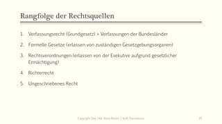 Rangfolge der Rechtsquellen
1. Verfassungsrecht (Grundgesetz) + Verfassungen der Bundesländer
2. Formelle Gesetze (erlassen von zuständigen Gesetzgebungsorganen)
3. Rechtsverordnungen (erlassen von der Exekutive aufgrund gesetzlicher
Ermächtigung)
4. Richterrecht
5. Ungeschriebenes Recht
Copyright: Dipl.-Hdl. Ilona Riesen | IloRi Translations 25
 