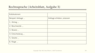 Rechtssprache (Arbeitsblatt, Aufgabe 3)
Kollokationen
Beispiel: Anklage … Anklage erheben, zulassen
1. Antrag …
2. Beschwerde …
3. Beweis …
4. Entscheidung …
5. Gesetz …
6. Klage …
Copyright: Dipl.-Hdl. Ilona Riesen | IloRi Translations 54
 