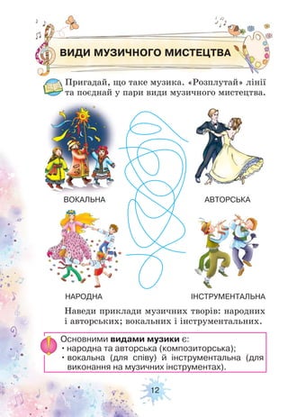 12
ВИДИ МУЗИЧНОГО МИСТЕЦТВА
Пригадай, що таке музика. «Розплутай» лінії
та поєднай у пари види музичного мистецтва.
Наведи приклади музичних творів: народних
і авторських; вокальних і інструментальних.
Основними видами музики є:
•народна та авторська (композиторська);
• вокальна (для співу) й інструментальна (для
виконання на музичних інструментах).
ВОКАЛЬНА
НАРОДНА ІНСТРУМЕНТАЛЬНА
АВТОРСЬКА
 