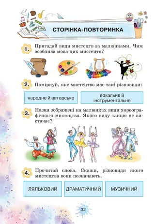 32
СТОРІНКА-ПОВТОРИНКА
1.
3.
4.
Пригадай види мистецтв за малюнками. Чим
особлива мова цих мистецтв?
2. Поміркуй, яке мистецтво має такі різновиди:
Назви зображені на малюнках види хореогра-
фічного мистецтва. Якого виду танцю не ви-
стачає?
Прочитай слова. Скажи, різновиди якого
мистецтва вони позначають.
ЛЯЛЬКОВИЙ
народне й авторське
ДРАМАТИЧНИЙ МУЗИЧНИЙ
вокальне й
інструментальне
 