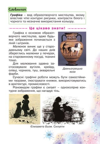 39
Графіка є основою образот-
ворчого мистецтва, адже будь-
яке зображення починається з
ліній і штрихів.
Малюнок виник ще у старо-
давньому світі. До наших днів
збереглись малюнки у печерах,
на старовинному посуді, тканині
тощо.
Для малювання здавна за-
стосовували вугілля, крейду,
олівці, чорнила, туш, акварельні
фарби.
Сучасні графічні роботи можуть бути самостійни-
ми творами, ілюструвати книжки, використовуватись
в архітектурі, промисловості.
Різновидом графіки є силует – одноколірне кон-
турне зображення, що нагадує тінь.
Графіка – вид образотворчого мистецтва, якому
властиві чіткі контурні рисунки, контрасти білого і
чорного та незначне використання кольору.
Словничок
Давньогрецька
ваза
Це цікаво з н а ти !
Єлизавета Бьом. Силуети
 