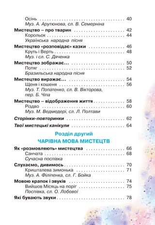 141
Осінь . . . . . . . . . . . . . . . . . . . . . . . . . . . . . . . . . . . 40
Муз. А. Арутюнова, сл. В. Семерніна
Мистецтво – про тварин . . . . . . . . . . . . . . . . . . . . . 42
Корольок . . . . . . . . . . . . . . . . . . . . . . . . . . . . . . . . 44
Українська народна пісня
Мистецтво «розповідає» казки . . . . . . . . . . . . . . . 46
Круть і Верть . . . . . . . . . . . . . . . . . . . . . . . . . . . . . 48
Муз. і сл. С. Дяченка
Мистецтво зображає… . . . . . . . . . . . . . . . . . . . . . . 50
Потяг . . . . . . . . . . . . . . . . . . . . . . . . . . . . . . . . . . . 52
Бразильська народна пісня
Мистецтво виражає... . . . . . . . . . . . . . . . . . . . . . . . 54
Щеня і кошеня . . . . . . . . . . . . . . . . . . . . . . . . . . . 56
Муз. Т. Попатенко, сл. В. Вікторова,
пер. Б. Чіпа
Мистецтво – відображення життя . . . . . . . . . . . . . 58
Різдво . . . . . . . . . . . . . . . . . . . . . . . . . . . . . . . . . . 60
Муз. М. Ведмедері, сл. Л. Полтави
Сторінки-повторинки . . . . . . . . . . . . . . . . . . . . . . . . 62
Твої мистецькі канікули . . . . . . . . . . . . . . . . . . . . . . 64
Розділ другий
ЧАРІВНА МОВА МИСТЕЦТВ
Як «розмовляють» мистецтва . . . . . . . . . . . . . . . . 66
Санчата . . . . . . . . . . . . . . . . . . . . . . . . . . . . . . . . . 68
Сучасна поспівка
Слухаємо, дивимось . . . . . . . . . . . . . . . . . . . . . . . . . 70
Кришталева зимонька . . . . . . . . . . . . . . . . . . . . 71
Муз. А. Філіпенка, сл. Г. Бойка
Мовою крапок і звуків . . . . . . . . . . . . . . . . . . . . . . . 74
Вийшов Місяць на поріг . . . . . . . . . . . . . . . . . . . 75
Поспівка, сл. О. Лобової
Які бувають звуки . . . . . . . . . . . . . . . . . . . . . . . . . . . . 78
 