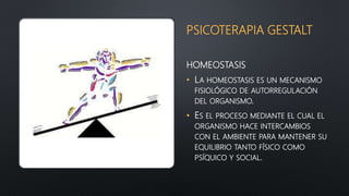 PSICOTERAPIA GESTALT
HOMEOSTASIS
• LA HOMEOSTASIS ES UN MECANISMO
FISIOLÓGICO DE AUTORREGULACIÓN
DEL ORGANISMO.
• ES EL PROCESO MEDIANTE EL CUAL EL
ORGANISMO HACE INTERCAMBIOS
CON EL AMBIENTE PARA MANTENER SU
EQUILIBRIO TANTO FÍSICO COMO
PSÍQUICO Y SOCIAL.
 
