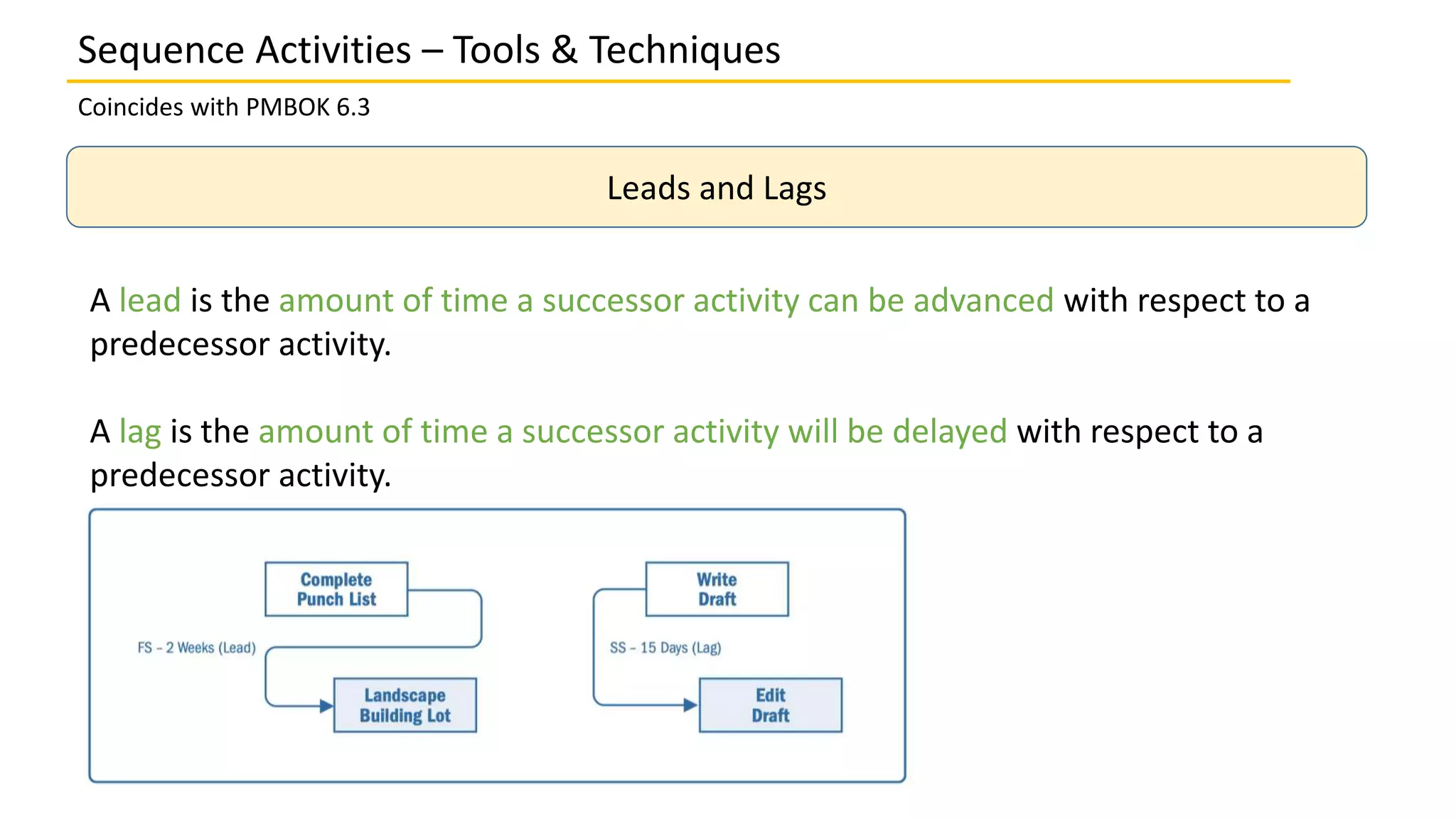 Sequence Activities – Tools & Techniques
Coincides with PMBOK 6.3
Leads and Lags
A lead is the amount of time a successor activity can be advanced with respect to a
predecessor activity.
A lag is the amount of time a successor activity will be delayed with respect to a
predecessor activity.
 