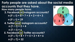 Forty people are asked about the social media
accounts that they have.
How many people have:
3. Facebook or Instagram acco...