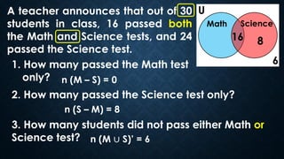 A teacher announces that out of 30
students in class, 16 passed both
the Math and Science tests, and 24
passed the Science...