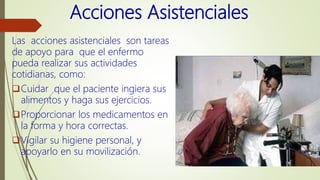 Acciones Asistenciales
Las acciones asistenciales son tareas
de apoyo para que el enfermo
pueda realizar sus actividades
cotidianas, como:
Cuidar que el paciente ingiera sus
alimentos y haga sus ejercicios.
Proporcionar los medicamentos en
la forma y hora correctas.
Vigilar su higiene personal, y
apoyarlo en su movilización.
 