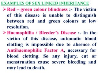 EXAMPLES OF SEX LINKED INHERITANCE
Red – green colour blindness :- The victim
of this disease is unable to distinguish
between red and green colours at low
resolution.
Haemophilia / Bleeder’s Disease :- In the
victim of this disease, automatic blood
clotting is impossible due to absence of
Antihaemophilic Factor A, necessary for
blood clotting. So any injury, cut or
menstruation cause severe bleeding and
may lead to death.
 