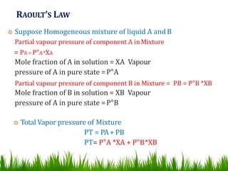  Suppose Homogeneous mixture of liquid A andB
Partial vapour pressure of component A inMixture
= PA = P°A*XA
Mole fraction of A in solution = XA Vapour
pressure of A in pure state =P°A
Partial vapour pressure of component B in Mixture = PB = P°B *XB
Mole fraction of B in solution = XB Vapour
pressure of A in pure state =P°B
 Total Vapor pressure of Mixture
PT = PA+ PB
PT= P°A *XA + P°B*XB
RAOULT’S LAW
 