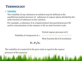 TERMINOLOGY
 Volatility
The volatility of any substance in solution may be defined as the
equilibrium partial pressure of substance in vapour phase divided by the
mole fraction of substance in the solution.
For example, a substance A in a liquid mixture has partial pressure PA
and its concentration in the mixture is XA on mole fraction scale.
Partial vapour pressure of A
Volatility of component A, =
Mole fraction XA of A insolution
vA = PA/XA
The volatility of a material in the pure state is equal to the vapour
pressure of the material.
 