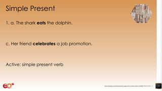 Simple Present
1. a. The shark eats the dolphin.
c. Her friend celebrates a job promotion.
Active: simple present verb
15https://pixabay.com/photos/books-pages-story-stories-notes-1245690/ shared under CC0
 