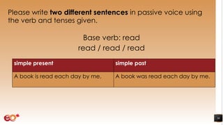Please write two different sentences in passive voice using
the verb and tenses given.
Base verb: read
read / read / read
36
simple present simple past
A book is read each day by me. A book was read each day by me.
 