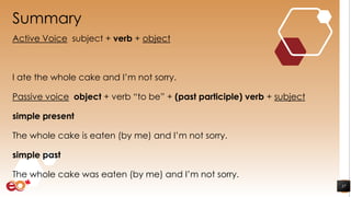 Summary
Active Voice subject + verb + object
I ate the whole cake and I’m not sorry.
Passive voice object + verb “to be” + (past participle) verb + subject
simple present
The whole cake is eaten (by me) and I’m not sorry.
simple past
The whole cake was eaten (by me) and I’m not sorry.
37
 