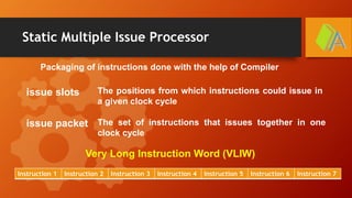 Static Multiple Issue Processor
issue slots The positions from which instructions could issue in
a given clock cycle
issue packet The set of instructions that issues together in one
clock cycle
Packaging of instructions done with the help of Compiler
Very Long Instruction Word (VLIW)
Instruction 1 Instruction 2 Instruction 3 Instruction 4 Instruction 5 Instruction 6 Instruction 7
 