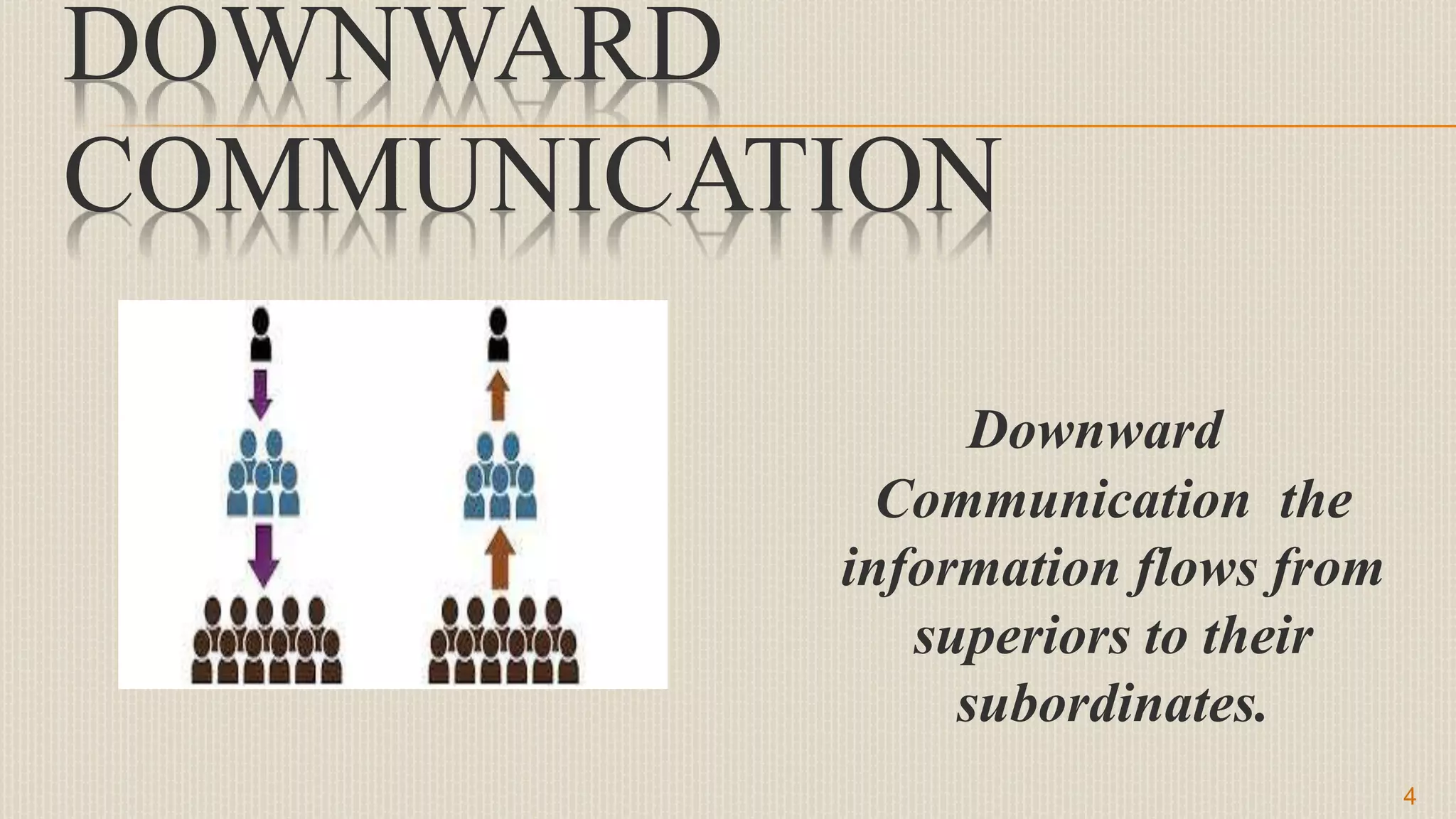 DOWNWARD
COMMUNICATION
Downward
Communication the
information flows from
superiors to their
subordinates.
4
 