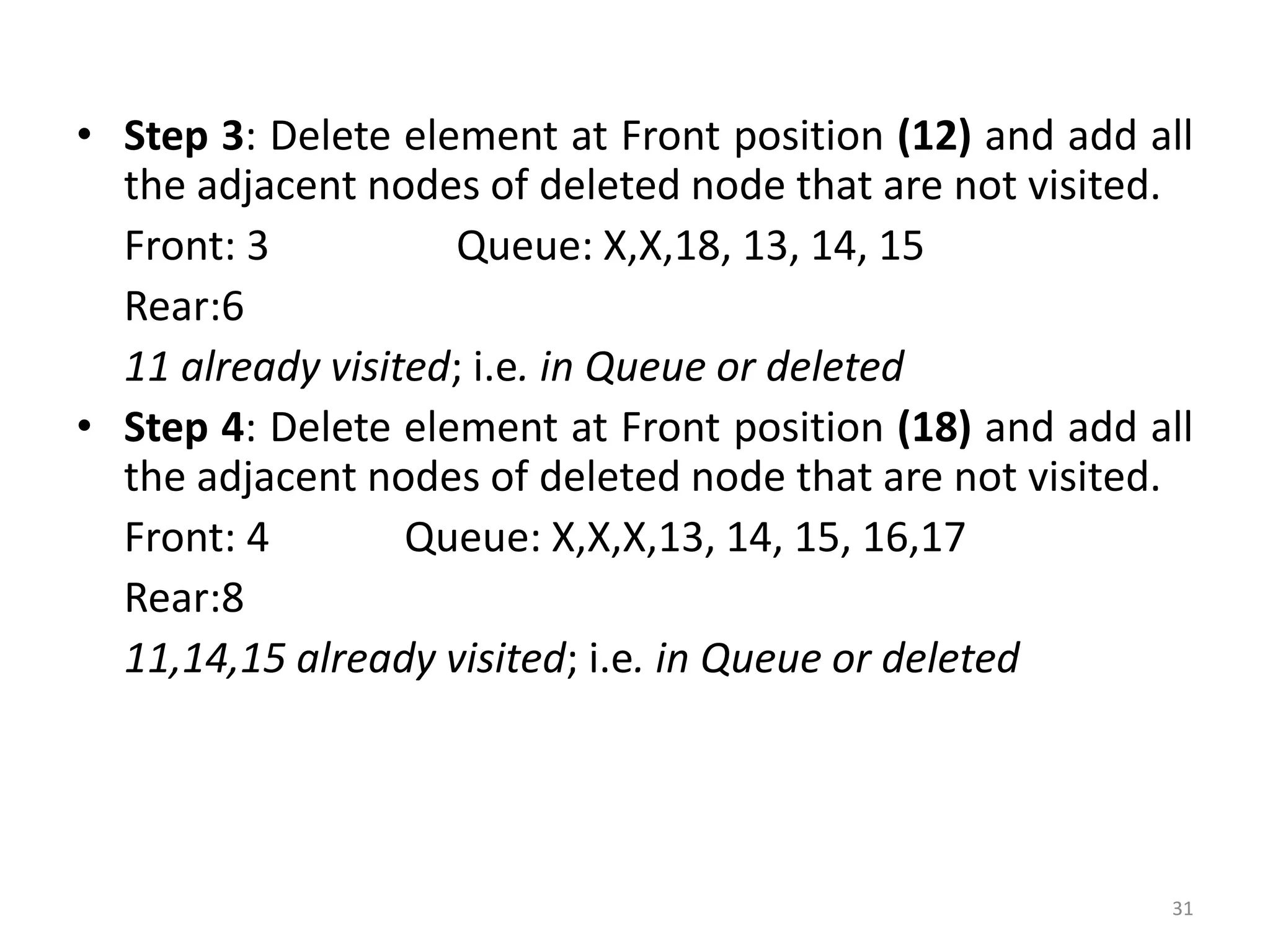 31
• Step 3: Delete element at Front position (12) and add all
the adjacent nodes of deleted node that are not visited.
Front: 3 Queue: X,X,18, 13, 14, 15
Rear:6
11 already visited; i.e. in Queue or deleted
• Step 4: Delete element at Front position (18) and add all
the adjacent nodes of deleted node that are not visited.
Front: 4 Queue: X,X,X,13, 14, 15, 16,17
Rear:8
11,14,15 already visited; i.e. in Queue or deleted
 