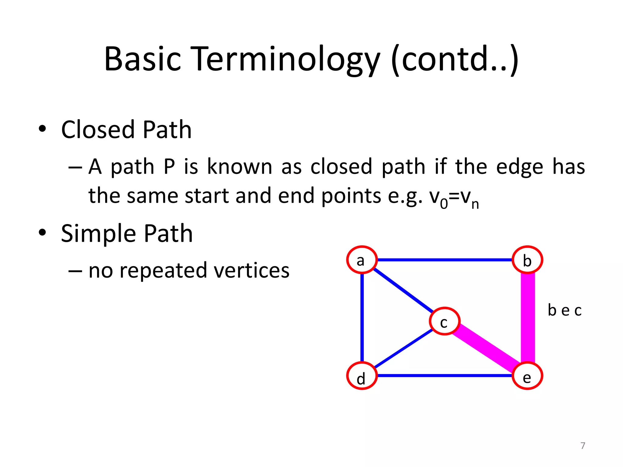 7
Basic Terminology (contd..)
• Closed Path
– A path P is known as closed path if the edge has
the same start and end points e.g. v0=vn
• Simple Path
– no repeated vertices a b
c
d e
b e c
 