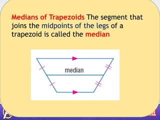 Medians of Trapezoids The segment that
joins the midpoints of the legs of a
trapezoid is called the median