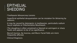 EPITHELIAL
SHEDDING
•Toothpaste Idiosyncrasy Lesions
•Superﬁcial epithelial desquamation can be mistaken for blistering by
patients.
•It may be caused by detergents in toothpastes, particularly sodium
lauryl sulphate or Chlorhexidine Mouthwash.
•The sloughing is often unnoticed or blamed on astringent or sharp
foods and appears to be of no signiﬁcance.
•Buccal mucosa, lip mucosa, and Muco-Facial folds are more
frequently affected.
•Clinical Diagnosis
 