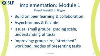 Implementation: Module 1
FernUniversität in Hagen
• Build on peer learning & collaboration
• Asynchronous & flexible
• Issues: small groups, grading scale,
understanding of tasks
• Improving: group size, "stretched"
workload, modes of presenting tasks
CC-BY-SA 4.0 5
 