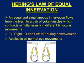 HERING’S LAW OF EQUAL
INNERVATION
 An equal and simultaneous innervation flows
from the brain to a pair of yoke muscles which
contracts simultaneously in different binocular
movements
 Ex. Right LR and Left MR during dextroversion
 Applies to all normal eye movements
 