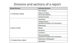 Divisions and sections of a report
 