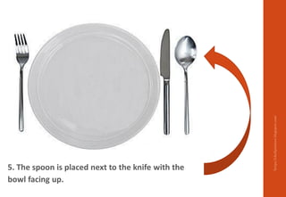 5. The spoon is placed next to the knife with the
bowl facing up.
https://chefqtrainer.blogspot.com/
 