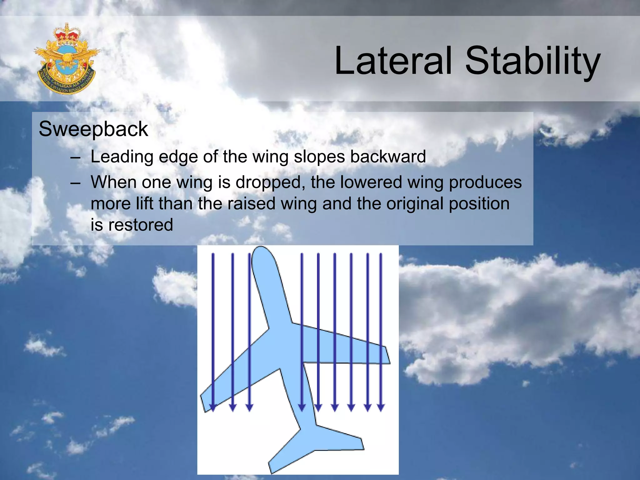Lateral Stability
Sweepback
– Leading edge of the wing slopes backward
– When one wing is dropped, the lowered wing produces
more lift than the raised wing and the original position
is restored
 