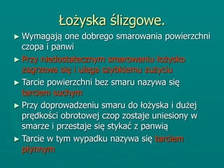 Łożyska ślizgowe.
► Wymagają one dobrego smarowania powierzchni
czopa i panwi
► Przy niedostatecznym smarowaniu łożysko
zagrzewa się i ulega szybkiemu zużyciu
► Tarcie powierzchni bez smaru nazywa się
tarciem suchym
► Przy doprowadzeniu smaru do łożyska i dużej
prędkości obrotowej czop zostaje uniesiony w
smarze i przestaje się stykać z panwią
► Tarcie w tym wypadku nazywa się tarciem
płynnym
 