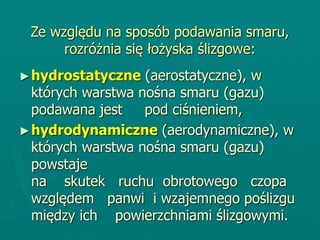 Ze względu na sposób podawania smaru,
rozróżnia się łożyska ślizgowe:
►hydrostatyczne (aerostatyczne), w
których warstwa nośna smaru (gazu)
podawana jest pod ciśnieniem,
►hydrodynamiczne (aerodynamiczne), w
których warstwa nośna smaru (gazu)
powstaje
na skutek ruchu obrotowego czopa
względem panwi i wzajemnego poślizgu
między ich powierzchniami ślizgowymi.
 