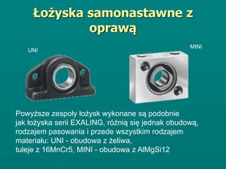 Łożyska samonastawne z
oprawą
UNI
MINI
Powyższe zespoły łożysk wykonane są podobnie
jak łożyska serii EXALING, różnią się jednak obudową,
rodzajem pasowania i przede wszystkim rodzajem
materiału: UNI - obudowa z żeliwa,
tuleje z 16MnCr5, MINI - obudowa z AlMgSi12
 